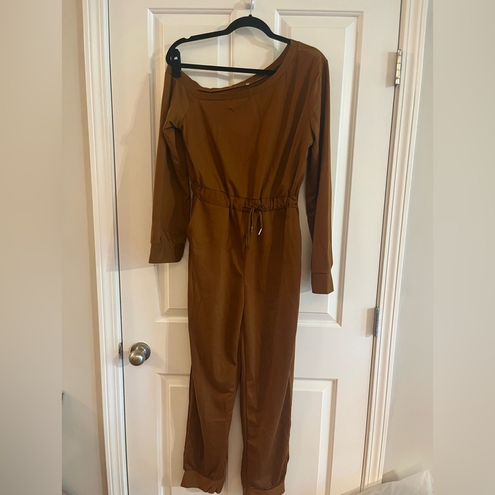Brown Relaxed Fit Off Shoulder Jumpsuit with Drawstring Waist